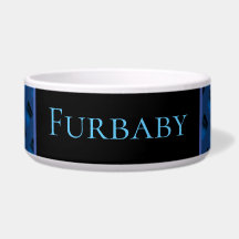 Blue patterned pet bowl.