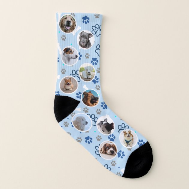 Custom Face Socks,Turn Your Photo Into Paws and Dog Bones Blue Crew Socks Unisex with Your Text 