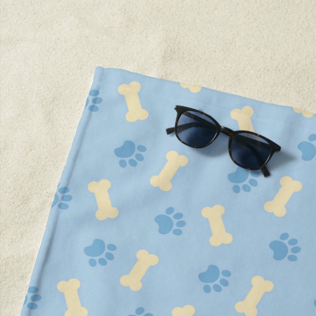 Blue Paw Print Bone Pattern Beach Towel (In Situ)