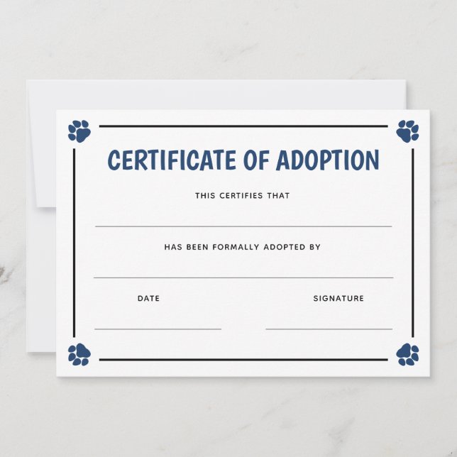 Blue Paw Print Frame Pet Certificate of Adoption (Front)