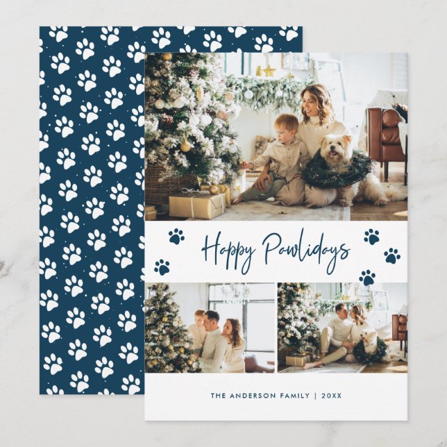 Blue Paw Print Photo Collage Happy Pawlidays Pet Holiday Card (Front/Back)