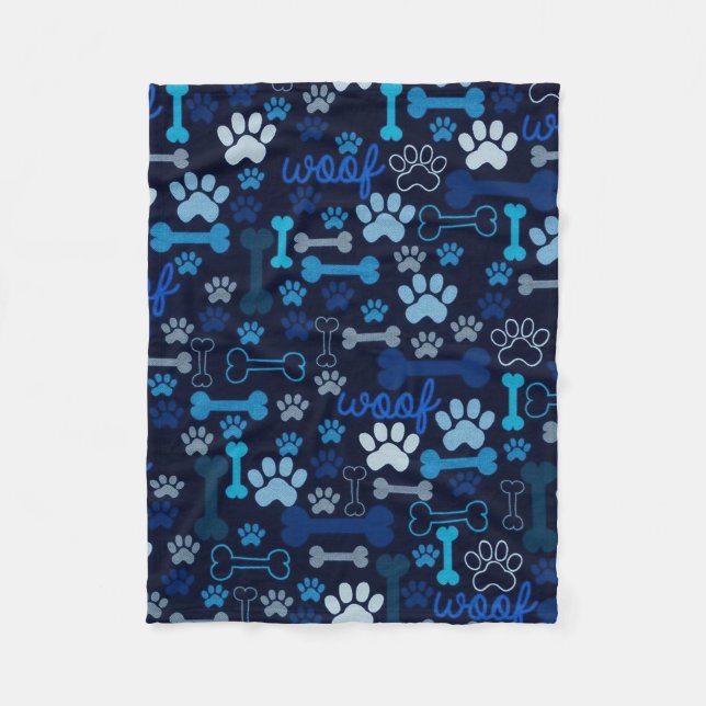 Blue Paw Prints & Bones Fleece Blanket (Front)