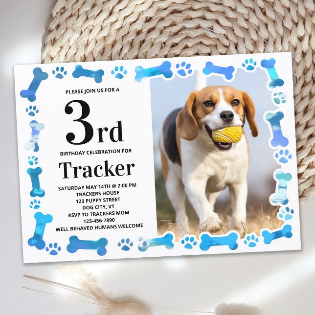 Blue Paw Prints Custom Dog Birthday Party Photo Invitation (Creator Uploaded)