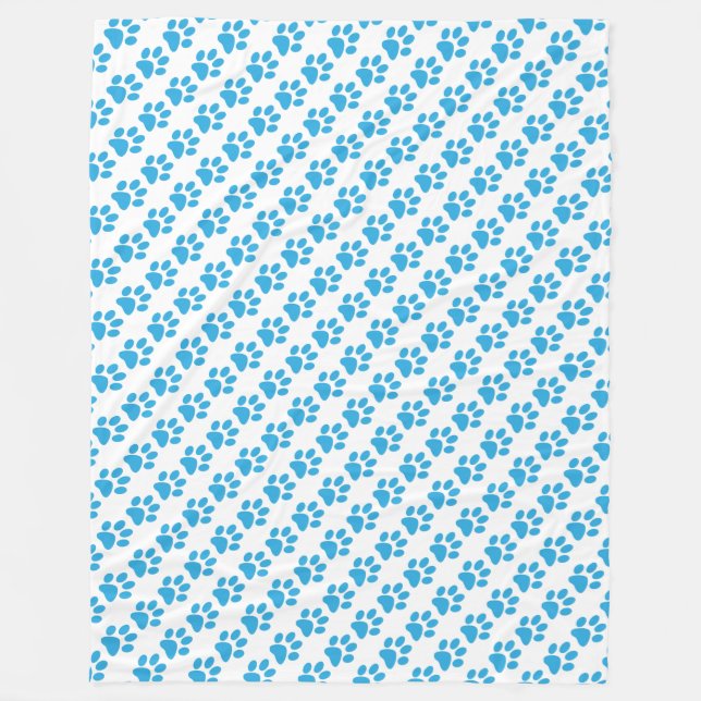 Blue Paw Prints on White Pattern Fleece Blanket (Front)