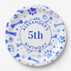 Blue Paw Prints Personalized Watercolor Birthday Paper Plate