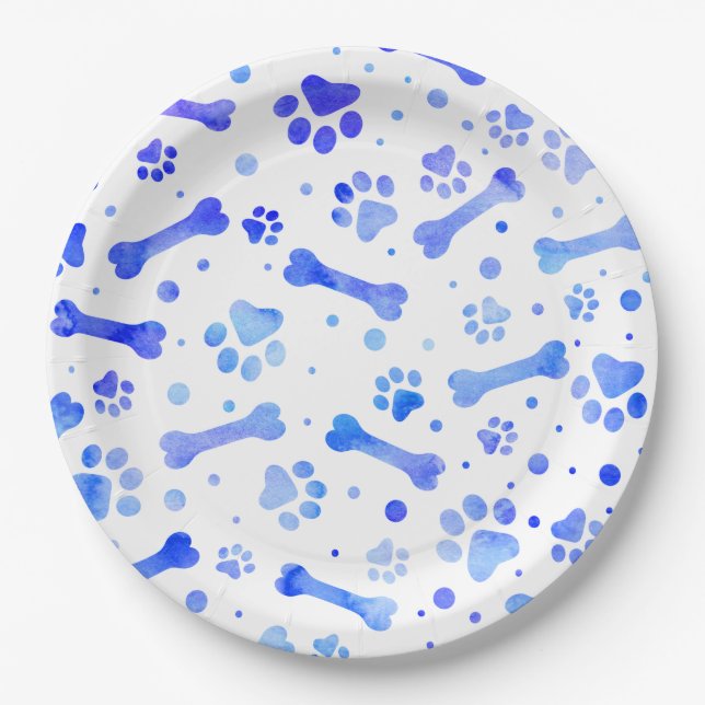 Blue Paw Prints Watercolor Birthday Party Paper Plate (Front)