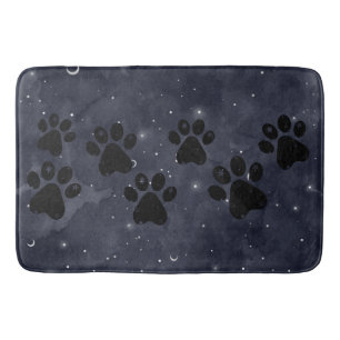 Blue Paw Stars Moon Watercolor Bath Mat