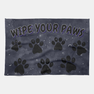 Blue Paw Stars Moon Watercolor Tea Towel
