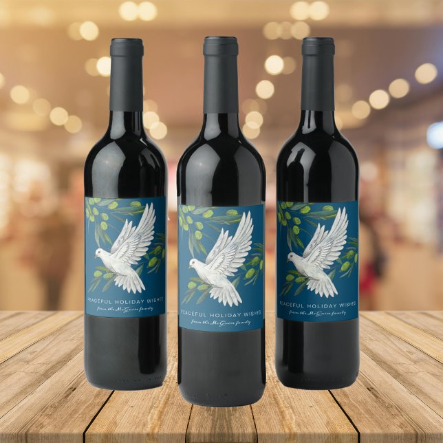 Blue Peace Dove and Olive Branches Custom Wine Label (Christmas theme wine bottle label in blue  with white peace dove and olives and custom text)