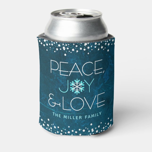 Blue Peace Joy Love Holiday Bold Modern Snowflake Can Cooler (Can Back)