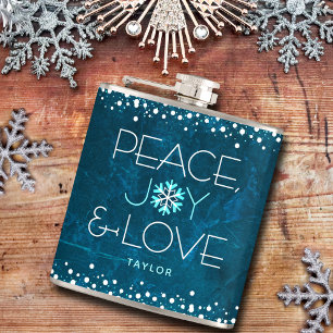 Blue Peace Joy Love Holiday Snowflake Bold Modern Hip Flask