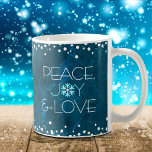 Blue Peace Joy Love Snowflake Holiday Modern Bold Coffee Mug<br><div class="desc">“Peace, joy & love.” A fun, playful, snowflake illustration and modern typography on a rich, deep teal blue marble watercolor background help you usher in the holiday season. White confetti dots frame complete the look. Feel the warmth and joy of the holidays whenever you drink out of this stunning, colourful...</div>