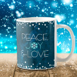Blue Peace Joy Love Snowflake Holiday Modern Chic Coffee Mug<br><div class="desc">“Peace, joy & love.” A fun, playful, snowflake illustration and modern typography on a rich, deep teal blue marble watercolor background help you usher in the holiday season. White confetti dots frame complete the look. Feel the warmth and joy of the holidays whenever you drink out of this stunning, colourful...</div>