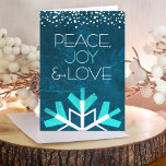 Blue Peace Joy Love Typography Snowflake Modern Holiday Card<br><div class="desc">“Peace, joy & love.” A giant, fun, playful, white and turquoise snowflake illustration and modern typography on a rich, deep teal blue marble watercolor background help you usher in the holiday season. A white and turquoise confetti dot border frames the top. Your personalized greeting is found on the inside. Feel...</div>