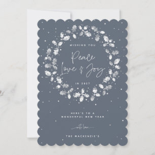 Blue Peace Love + Joy Hand Printed Holly Wreath Holiday Card