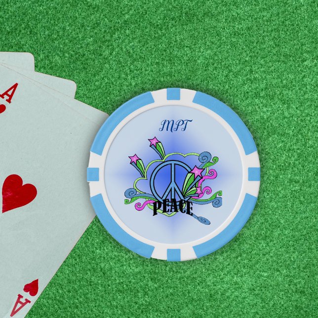 Blue Peace sign Fancy colourful scrolls Stars blue Poker Chips (Bright Colourful Peace Sign design scrolls pink stars on blue poker chips.)