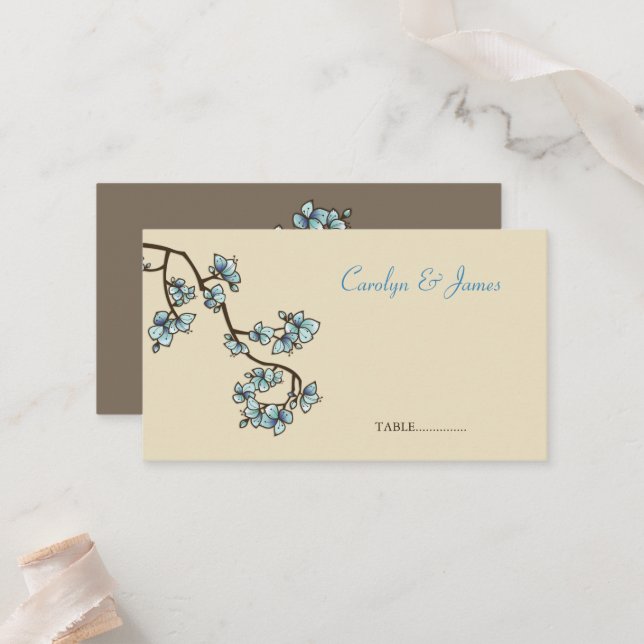 Blue Peach Blossoms Chinese Wedding Place Card (Front/Back In Situ)