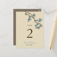 Blue Peach Blossoms Wedding Table Number Card
