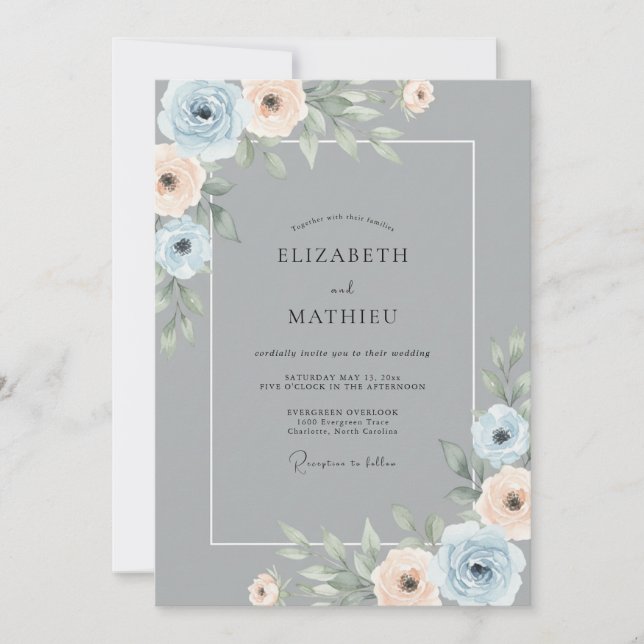 Blue Peach Botanical Romance Wedding Invitation (Front)