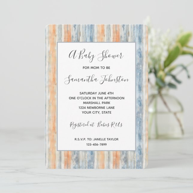 Blue Peach Cream Stripes Baby Shower Invitation (Standing Front)