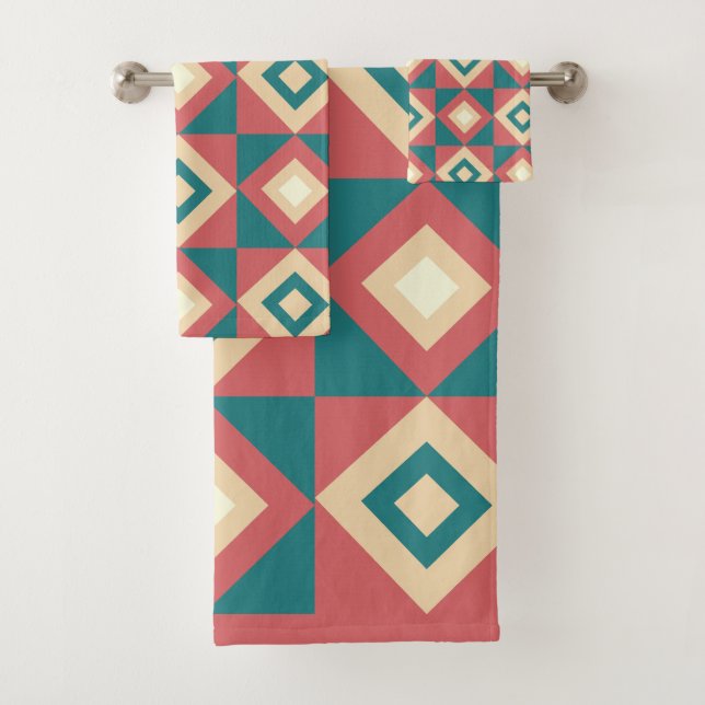 Blue Peach Diamond Geometric  Bath Towel Set (Insitu)