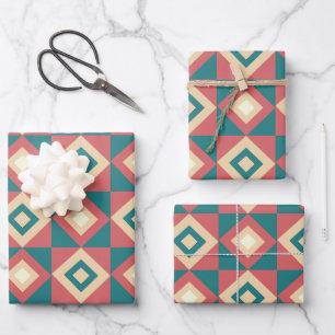 Blue Peach Diamond Geometric  Wrapping Paper Sheet