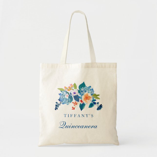 Blue & Peach Floral Quinceanera Tote Bag (Front)
