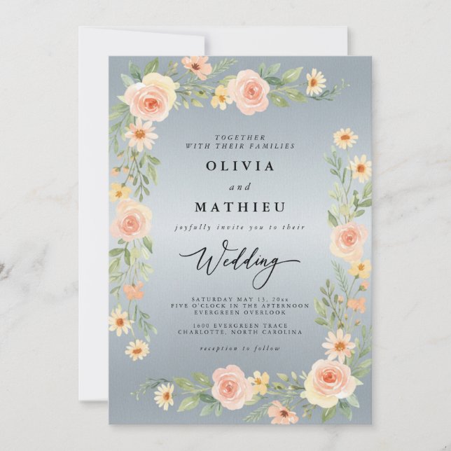 Blue Peach Floral Wedding Invitation (Front)