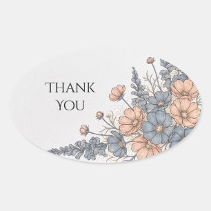Blue Peach Floral Wedding Thank You Oval Sticker