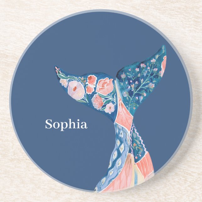 Blue Peach Floral Whale Tail Coaster (Front)