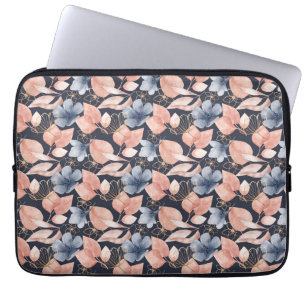 Blue, Peach & Gold Florals Stylish Botanical Art Laptop Sleeve