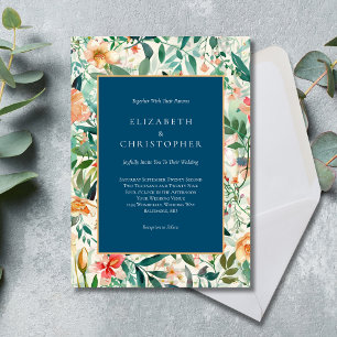 Blue Peach Green Floral Watercolor Elegant Wedding Invitation
