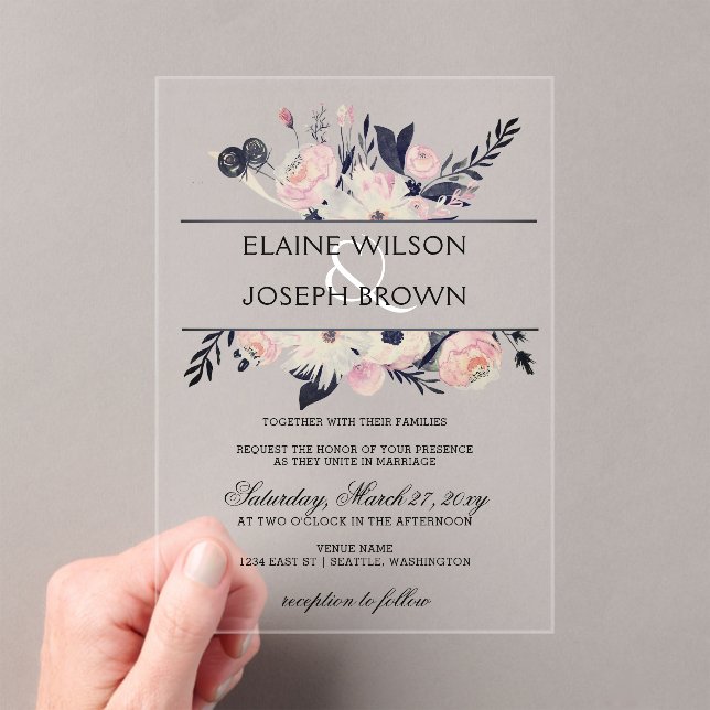 Blue & Peach Pink Floral Spring Wedding Invitation (Insitu (Handheld))