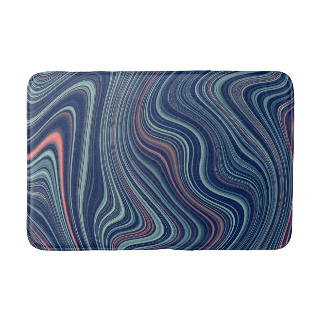 Blue & Peach Wavy Marbling Agate Abstraction Bath Mat (Front)