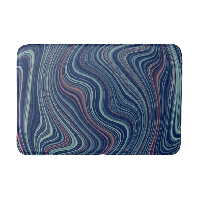 Blue & Peach Wavy Marbling Agate Abstraction Bath Mat (Front)