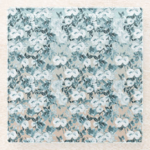 Blue Peach White Floral Glass Coaster