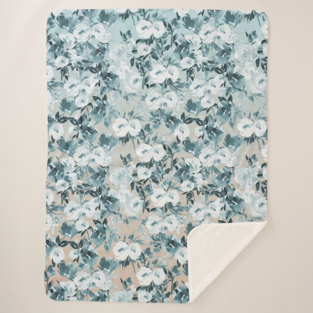 Blue Peach White Floral Sherpa Blanket (Front)