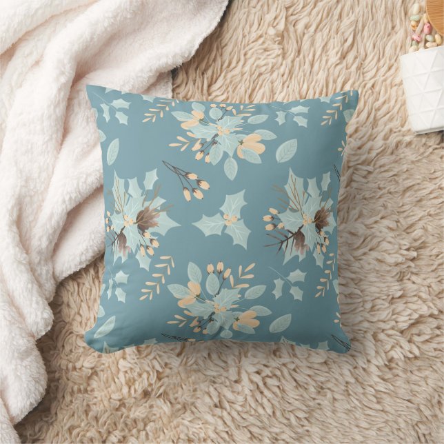 Blue Peach Winter Floral Bouquet Pattern Cushion (Blanket)