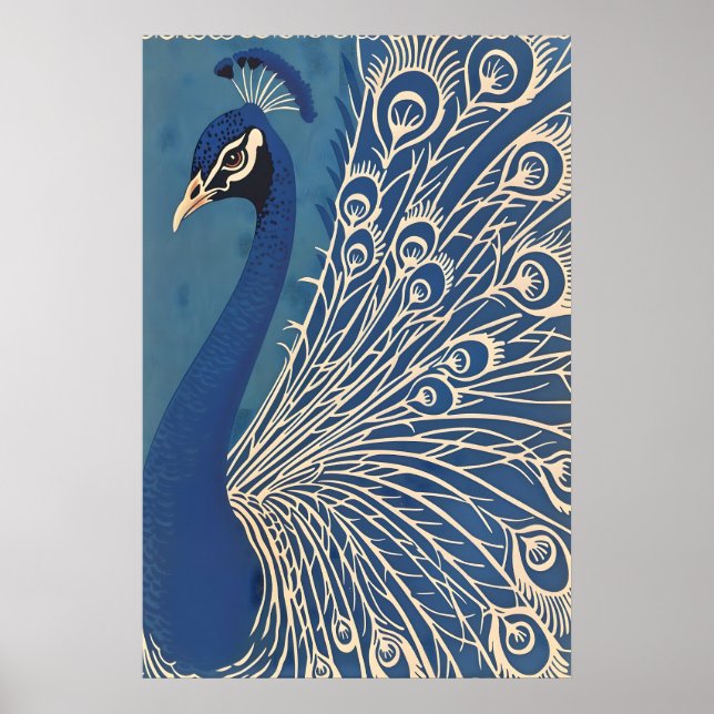 Blue Peacock Art Print Minimalist Feather Wall (Front)