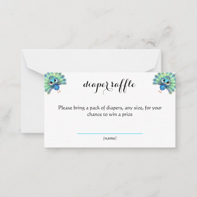 Blue Peacock Baby Shower Diaper Raffle Card (Front)