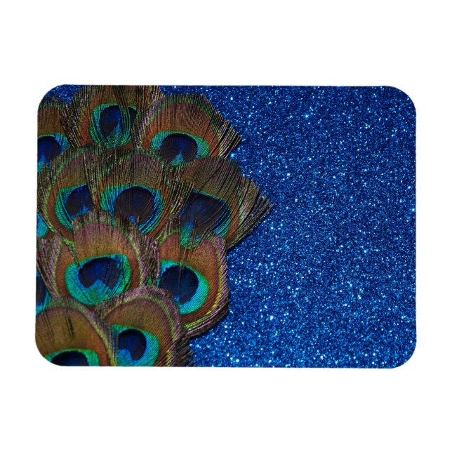 Blue Peacock Bouquet Glittery Still Life Magnet (Horizontal)