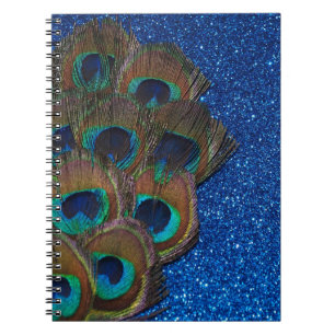 Blue Peacock Bouquet Glittery Still Life Spiral Notebook