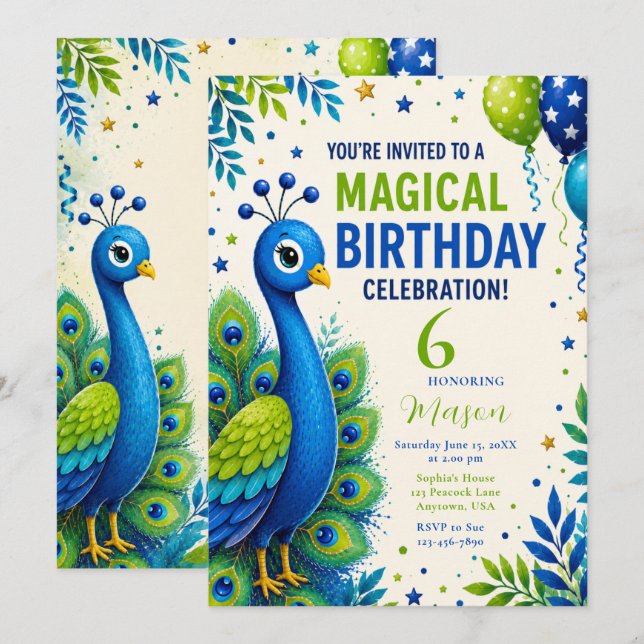 Blue Peacock Boys Birthday Party Invitation (Front/Back)