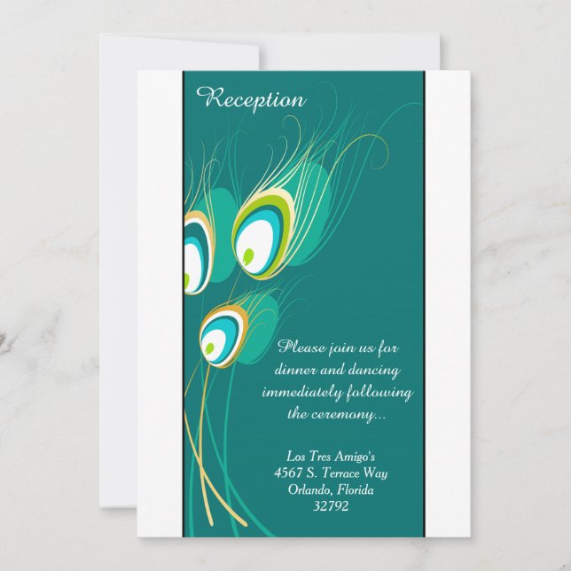 Blue Peacock Feather 3.5x7 Reception Card (Front)
