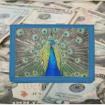 Blue Peacock Feather Plumage Trifold Wallet<br><div class="desc">Secure money and credit cards with this wallet that features the photo image of a gorgeous,  blue Peacock with colourful fantail plumage. Select your wallet colour.</div>