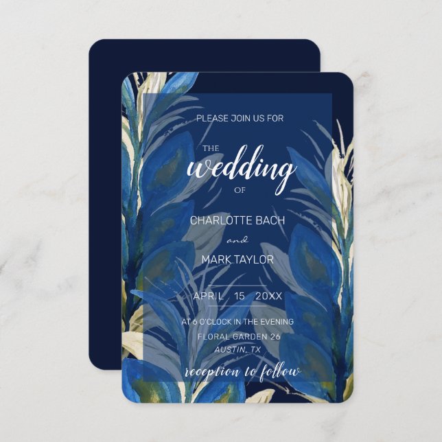 Blue Peacock Feathers Leaves Watercolor  Invitation (Front/Back)
