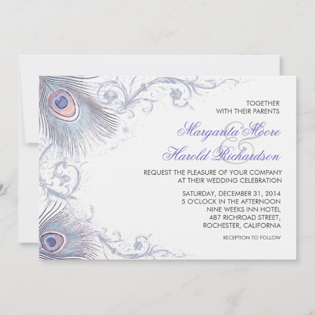 blue peacock feathers vintage wedding invitations (Front)