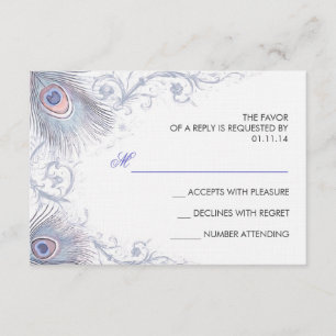 blue peacock feathers vintage wedding RSVP cards
