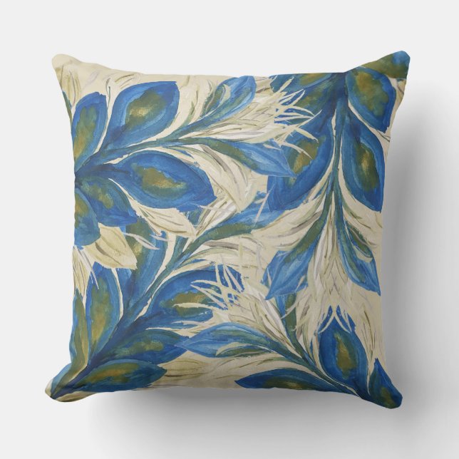 Blue Peacock Feathers Watercolor Hand-painted  Cushion (Front)
