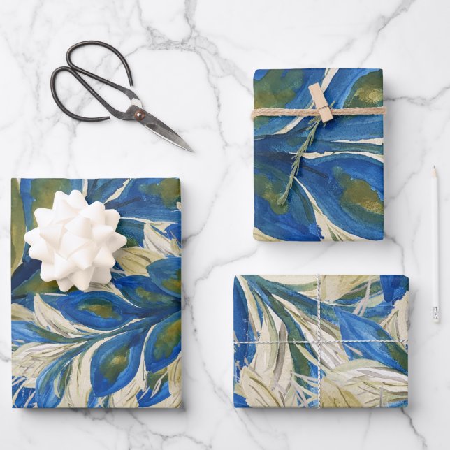 Blue Peacock Feathers Watercolor Hand-painted  Wrapping Paper Sheet (Front)